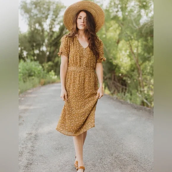 Piper & Scoot Floral Mustard Midi Button Up V Neck Dress - Picture 2 of 14